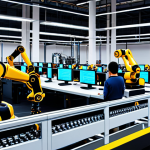 **

A bustling factory floor with robotic arms working alongside human employees. The robots are performing repetitive tasks, while the humans are monitoring the production line and making strategic decisions. In the background, data visualizations display real-time performance metrics. This image should convey the idea of increased efficiency and productivity through human-machine collaboration in an industrial setting.

**