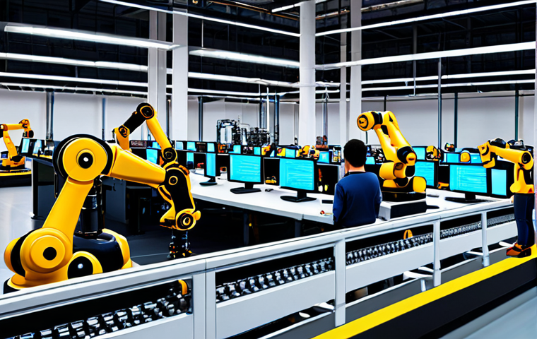 **

A bustling factory floor with robotic arms working alongside human employees. The robots are performing repetitive tasks, while the humans are monitoring the production line and making strategic decisions. In the background, data visualizations display real-time performance metrics. This image should convey the idea of increased efficiency and productivity through human-machine collaboration in an industrial setting.

**