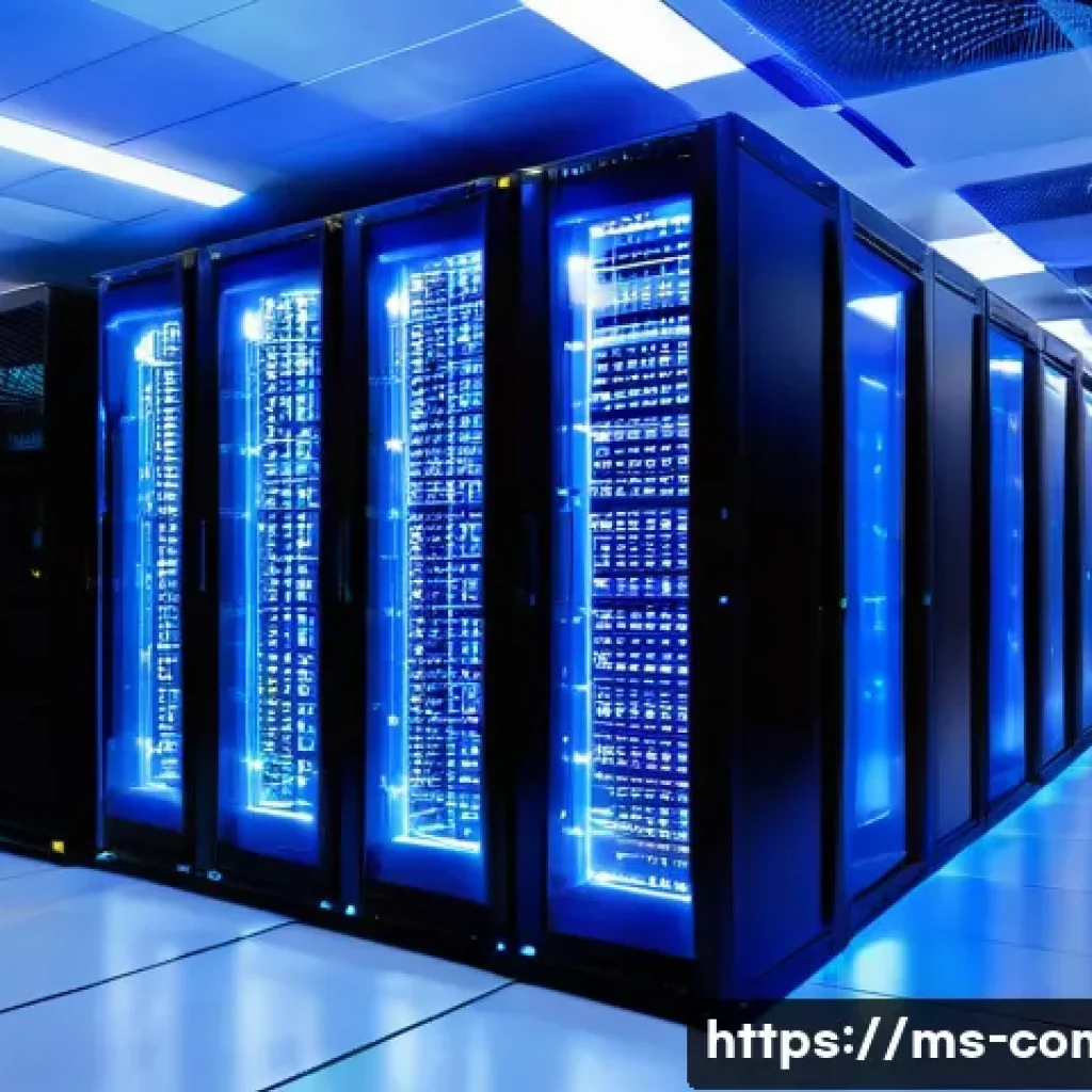 고성능 컴퓨팅 HPC - A modern Malaysian high-performance computing data center interior, featuring rows of advanced serve...