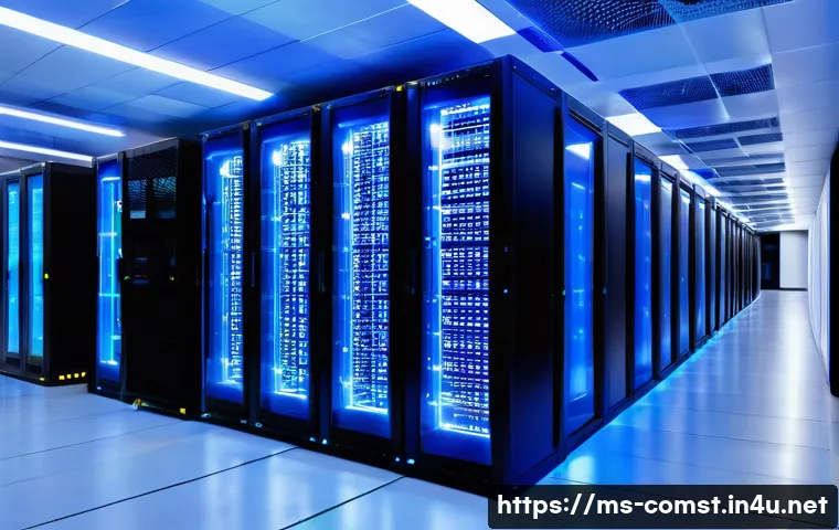 고성능 컴퓨팅 HPC - A modern Malaysian high-performance computing data center interior, featuring rows of advanced serve...