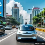 Home 19 자율주행차 시스템 설계 - A futuristic Malaysian city street scene featuring a sleek autonomous electric car navigating smooth...