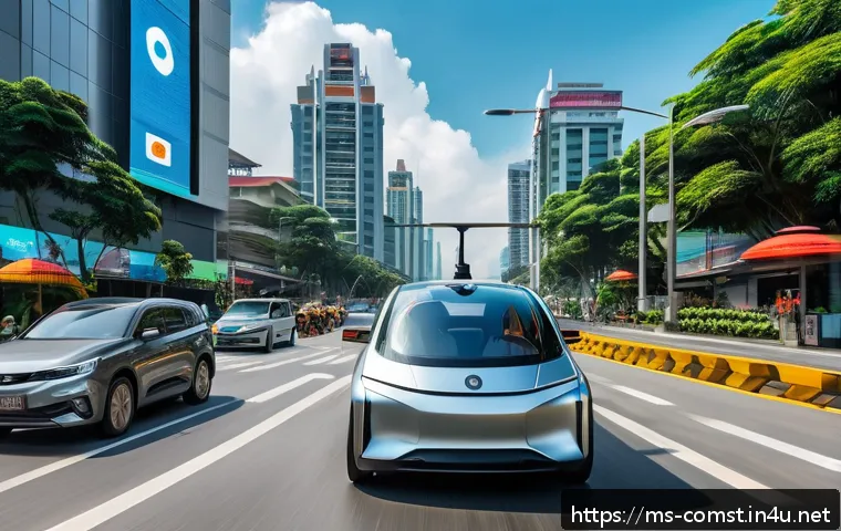 자율주행차 시스템 설계 - A futuristic Malaysian city street scene featuring a sleek autonomous electric car navigating smooth...