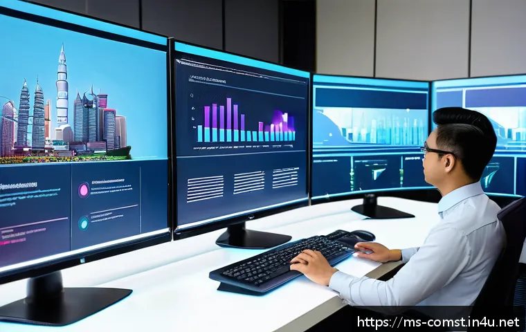 가상화 및 컨테이너 기술 - A modern Malaysian IT office environment showcasing diverse professionals collaborating around multi...