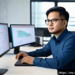 Home 23 상속 및 다형성 - A professional software developer in a modern Malaysian office setting, sitting at a sleek desk with...