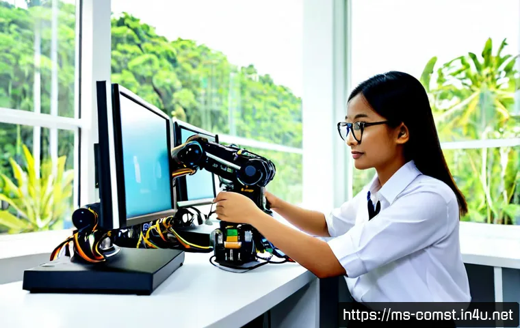Home 17 로보틱스 및 제어 시스템 - Photorealistic robotics and control systems laboratory in Malaysia, a focused Malay female engineer ...
